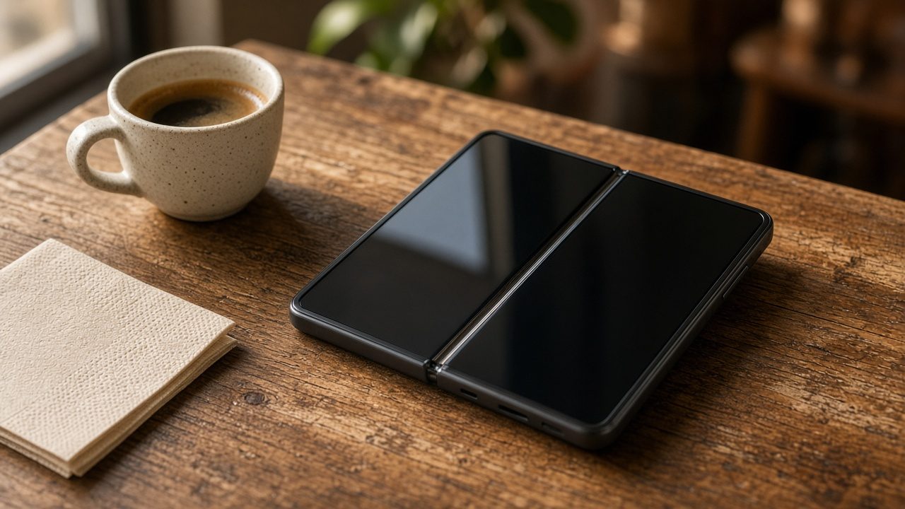 Móvil plegable abierto sobre una mesa de madera junto a una taza de café