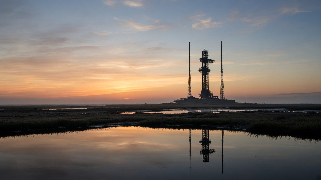Plataforma de lanzamiento costera al amanecer con una torre de servicio a contraluz