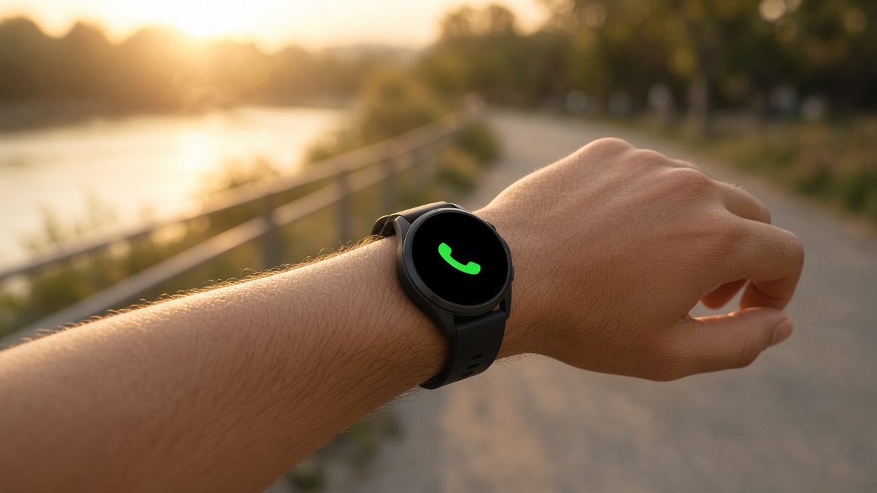 Smartwatch barato con llamadas Bluetooth en la muñeca durante una llamada, junto a un móvil sobre una mesa