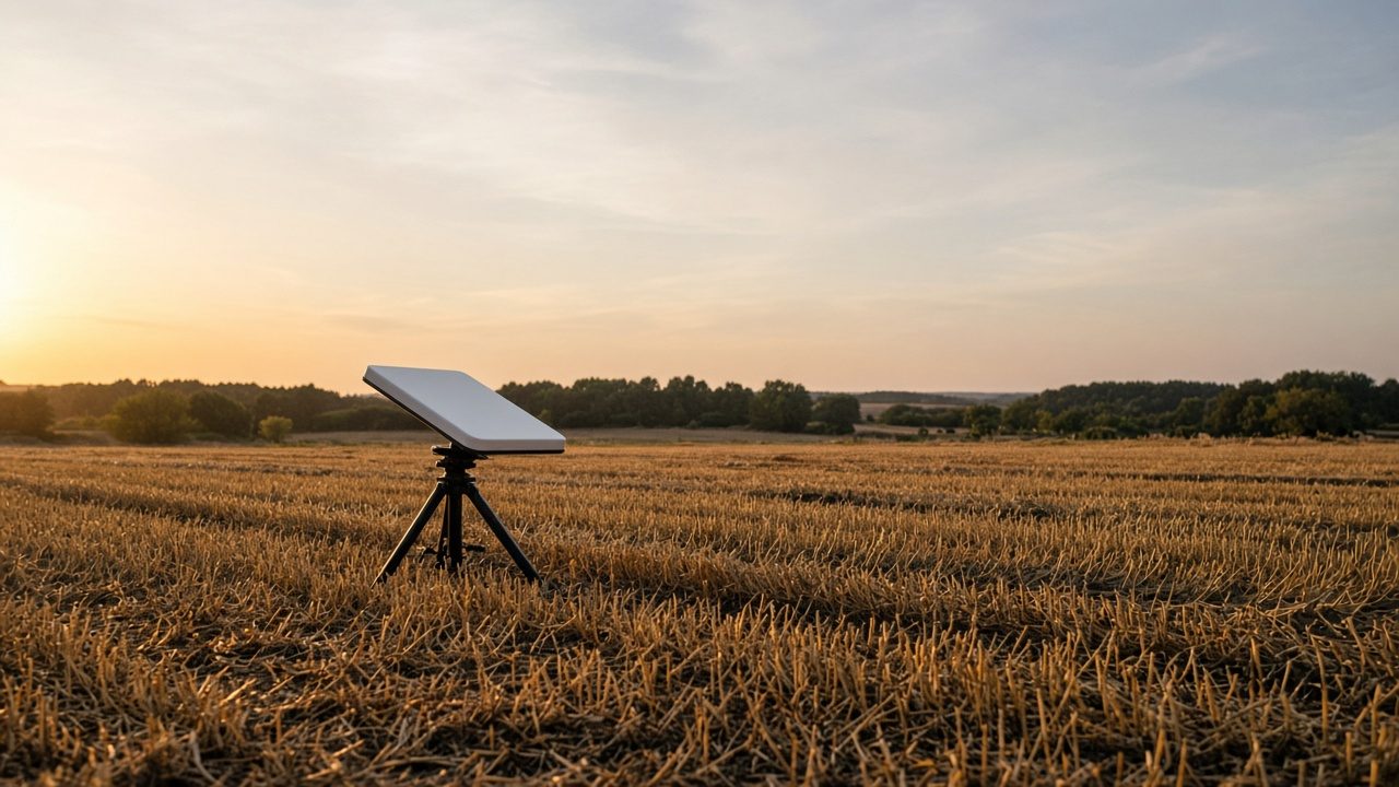 Antena parabólica de satélite sobre un campo abierto al atardecer